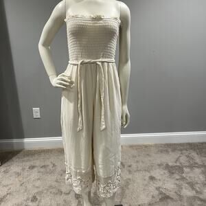 American Eagle M Red Cream Smocked Sleeveless Jumpsuit Resort Beach Vacation